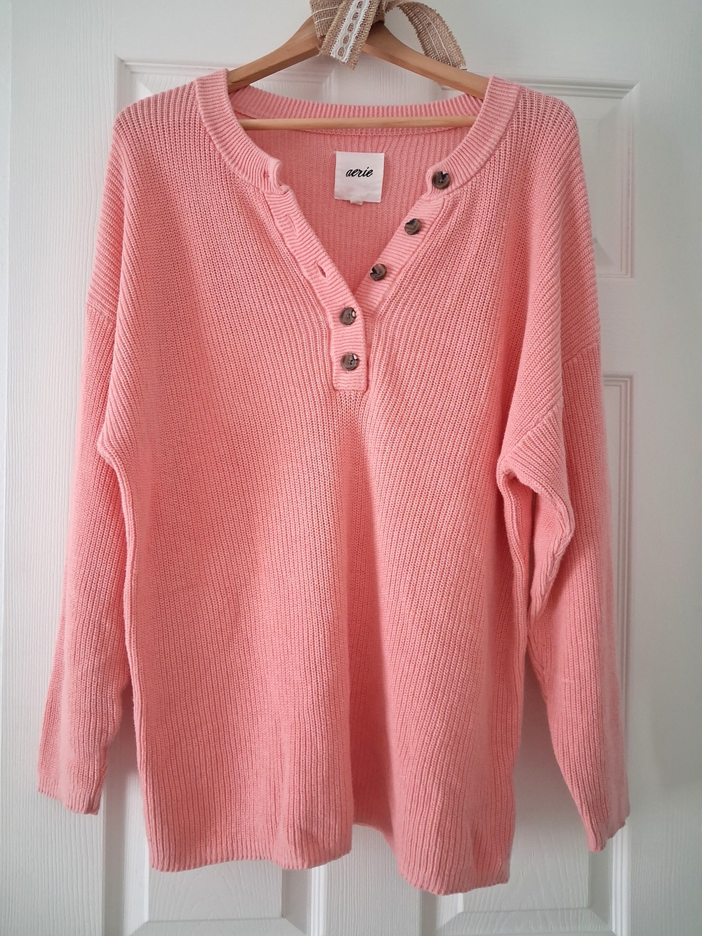 Aerie Cozy Strawberry Patch Pink Button Front Oversized Cotton Henley Sweater - Picture 6 of 6